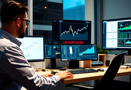 data analyst workstation, man working business finance a space with computers, on-screen graphs and analytical tools generated ai alt monitor modern work place . High quality photo