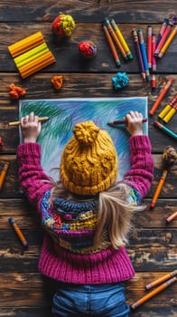 Child wearing a knitted yellow hat drawing with colored pencils on a sheet of paper lying on a wooden floor