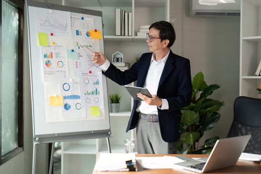 A senior financial advisor reviews budget strategies displayed on charts in a contemporary office, emphasizing analysis and planning.