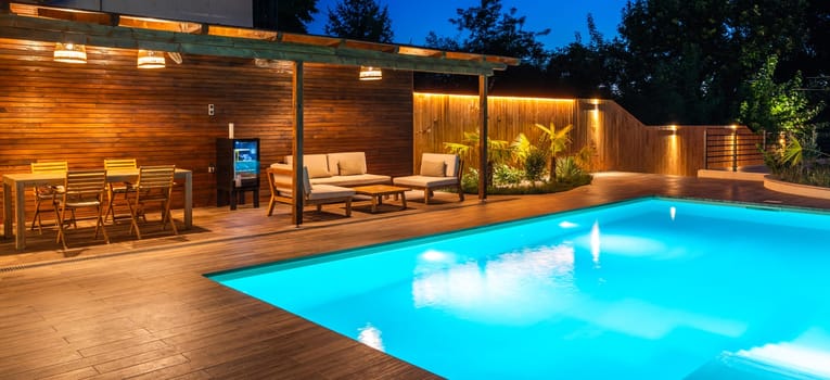 Evening poolside view with dining and lounge area on a wooden deck