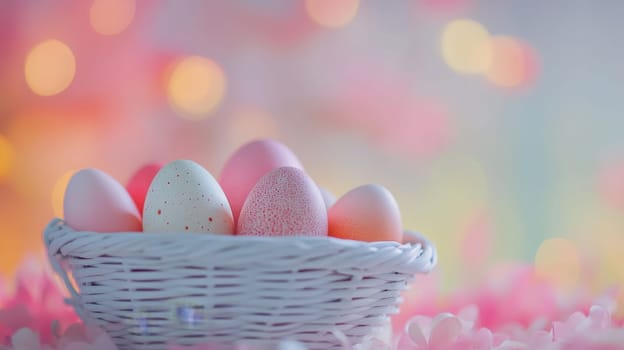 Colorful painted Easter eggs in a wooden wicker basket, Generative AI, holidays