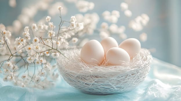 Colorful painted Easter eggs in a wooden wicker basket, Generative AI, holidays