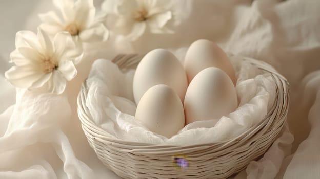 Colorful painted Easter eggs in a wooden wicker basket, Generative AI, holidays