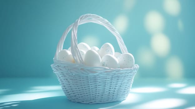 Colorful painted Easter eggs in a wooden wicker basket, Generative AI, holidays