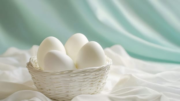 Colorful painted Easter eggs in a wooden wicker basket, Generative AI, holidays