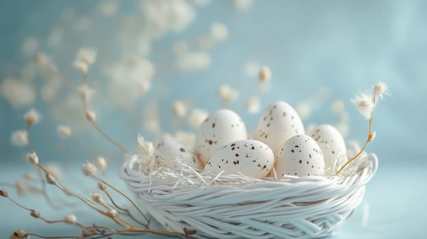 Colorful painted Easter eggs in a wooden wicker basket, Generative AI, holidays