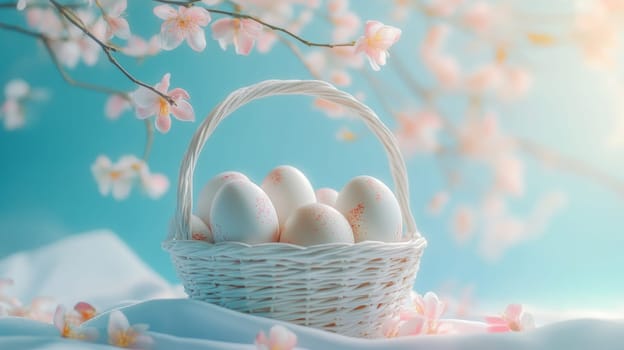 Colorful painted Easter eggs in a wooden wicker basket, Generative AI, holidays