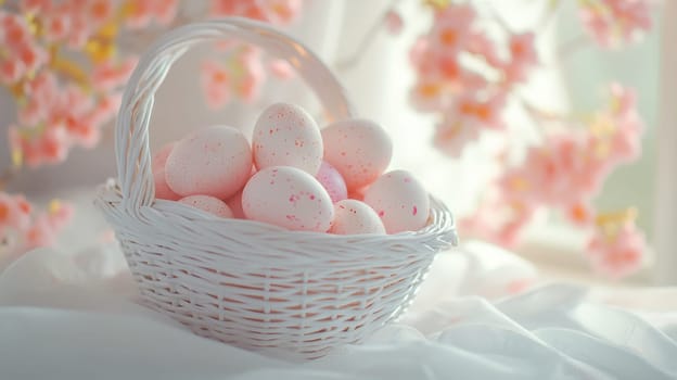 Colorful painted Easter eggs in a wooden wicker basket, Generative AI, holidays