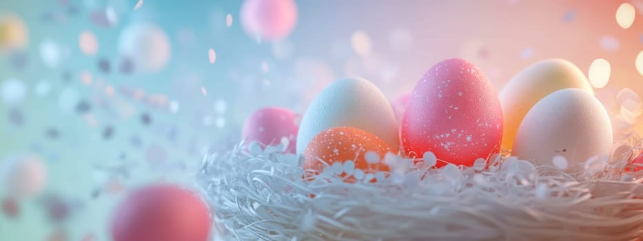 Colorful painted Easter eggs in a wooden wicker basket, Generative AI, holidays
