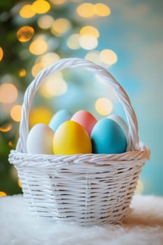 Colorful painted Easter eggs in a wooden wicker basket, Generative AI, holidays