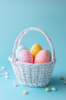 Colorful painted Easter eggs in a wooden wicker basket, Generative AI, holidays