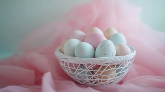 Colorful painted Easter eggs in a wooden wicker basket, Generative AI, holidays