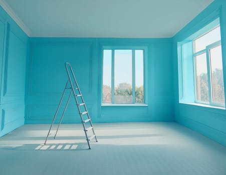 Empty blue room with ladder and natural light from windows.