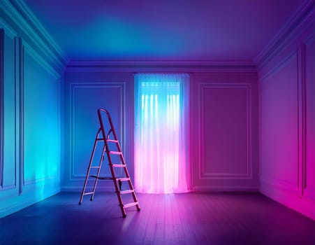 Empty room with colorful lighting and stepladder.