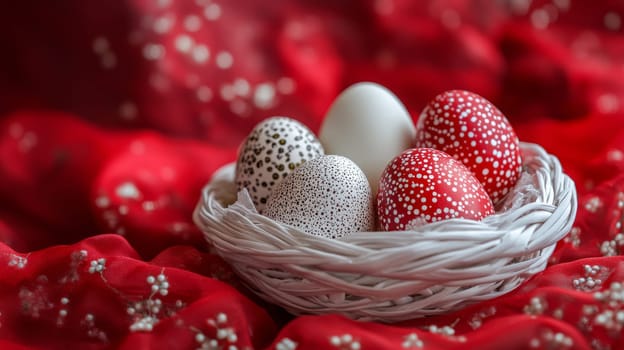 Colorful painted Easter eggs in a wooden wicker basket, Generative AI, holidays