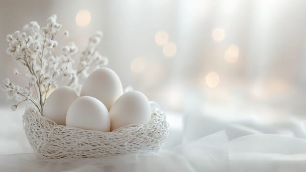 Colorful painted Easter eggs in a wooden wicker basket, Generative AI, holidays