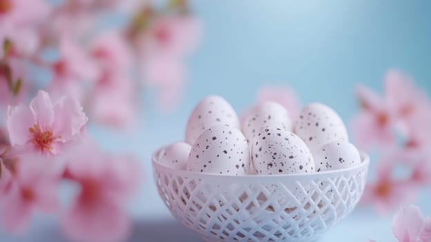 Colorful painted Easter eggs in a wooden wicker basket, Generative AI, holidays
