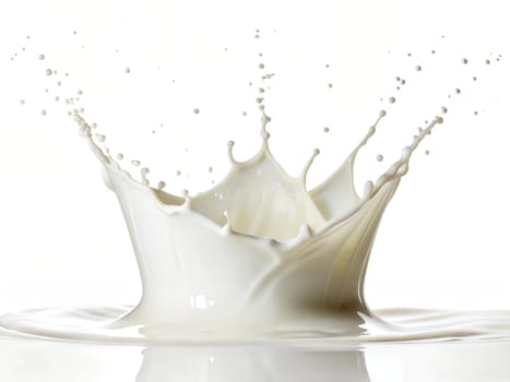 Dynamic milk splash forming a crown with flying droplets. High-speed photography capturing liquid motion and texture. Isolated on white background.