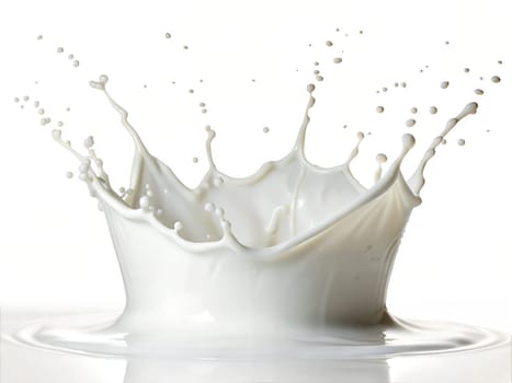 Dynamic milk splash forming a crown with flying droplets. High-speed photography capturing liquid motion and texture. Isolated on white background.
