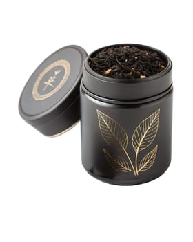 Luxury black loose leaf tea in a stylish black metal jar with gold leaf design. Perfect for tea lovers and gifting. Isolated on white background.