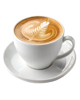 A cup of freshly brewed cappuccino with beautiful latte art in a white ceramic cup and saucer. Perfect morning coffee. Isolated on white background.