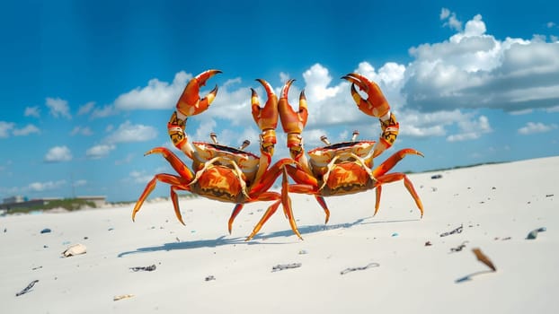 The Crab on wet sand with nice blue sky and cloud