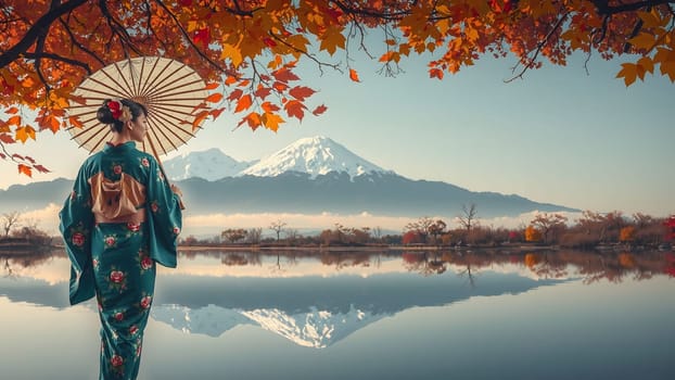 The Asian woman wearing japanese traditional kimono at Fuji mountain