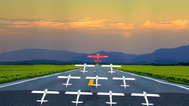 The Red airplane leading blue airplanes. Concept for discovery and leadership