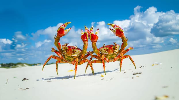 The Crab on wet sand with nice blue sky and cloud