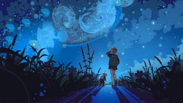 The girl and robot walking on the road with nice galaxy sky