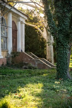 old house with white columns from the 19th century in the park. huge trees around, with a overgrown garden at autumn. High quality photo