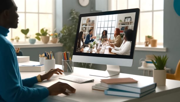 Realism of a professional photography session focused on a virtual meeting, showcasing each participant in their element, surrounded by vibrant decor and illuminated by soft, natural light, simulating a realistic photographic depth of field.