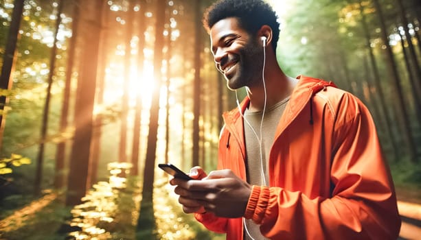 A close-up of an African American man's hands holding a smartphone in a sunlit forest. The shallow depth of field highlights the phone and hands while the background blurs with soft bokeh effects, creating a calm, natural ambiance.