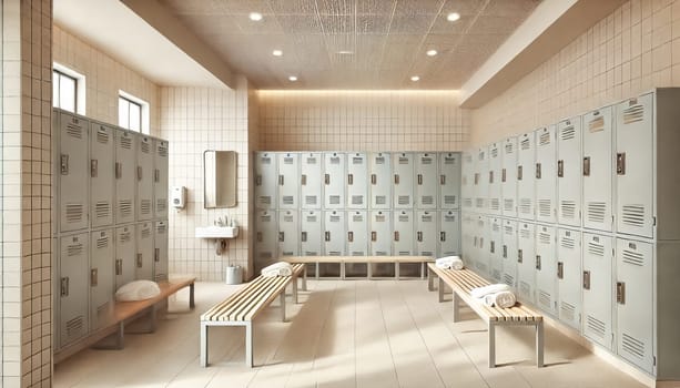 Brightly lit gym locker room with minimalist design features light-colored metal lockers, plain wooden benches, light tile flooring, and white walls. Neat and practical, with mirrors, sinks, and open shelves for towels.
