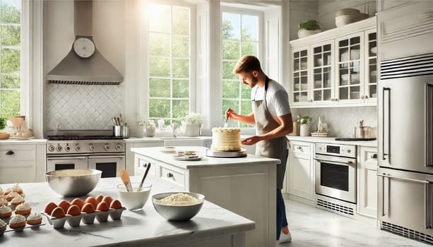 A baker is carefully decorating a layered cake in a modern kitchen filled with natural light. The kitchen has sleek countertops, light wood cabinets, and large windows. Ingredients like eggs, flour, and frosting are neatly arranged, creating an organized and inviting space.