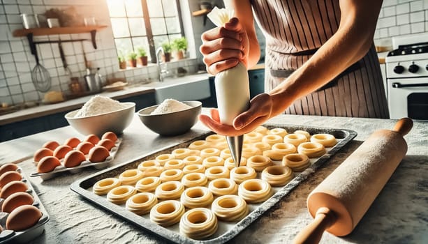Hands are piping ridged dough onto a tray, illuminated by warm sunlight streaming through the kitchen window. Eggs, flour, and utensils are scattered, creating an active, organized, and bright baking environment.