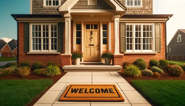 Positioned perfectly in front, the Welcome doormat at this classic suburban home draws you straight to the front door, set against a backdrop of traditional architecture and pristine landscaping.