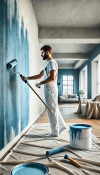 A painter on a ladder carefully applies blue paint to the upper part of a high wall in a bright, airy living room. Sunlight streams through large windows, illuminating the room’s furniture, which is covered with protective sheets. Paint supplies are scattered neatly across the wooden floor, creating a peaceful work-in-progress atmosphere.