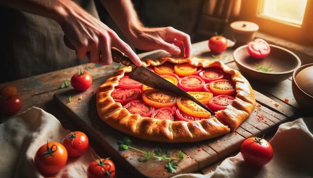 A wide-angle view of a dining table set with a tomato galette as the centerpiece. The scene, bathed in warm natural light, showcases a rustic table with plates, forks, fresh basil, and heirloom tomatoes, creating a welcoming and cozy atmosphere for a homemade meal.