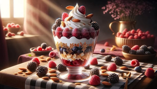 A royal berry almond parfait presented in a glass adorned with gold, set against a backdrop of warm light and a classic checkered tablecloth, exudes elegance and indulgence.