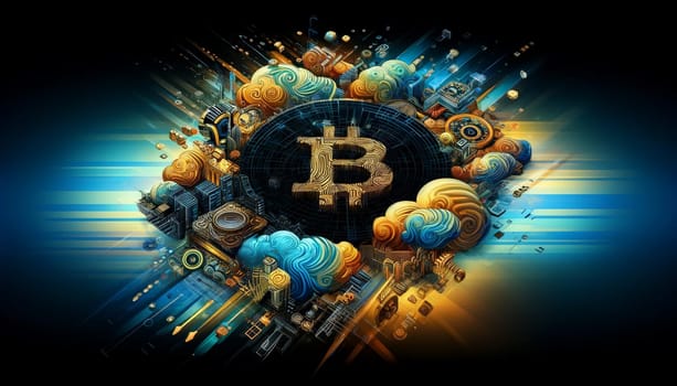 Abstract interpretation of a Bitcoin marketplace, characterized by swirling digital patterns and geometric shapes in gold, black, and electric blue, devoid of human figures. It captures the essence of Bitcoin's digital nature through artistic symbols.