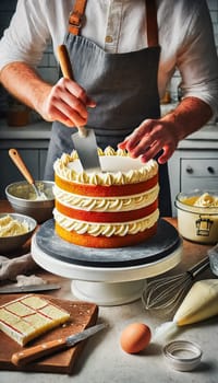 A wide-angle shot shows a baker meticulously frosting a multi-layered cake on a turntable. The kitchen counter is covered with ingredients like eggs, flour, and bowls of buttercream, creating a bustling atmosphere of a baking session in progress.