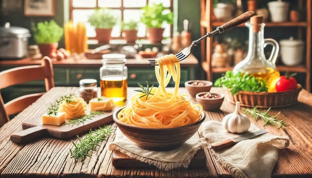 Fresh, buttery fettuccine pasta sprinkled with herbs is being elegantly lifted by a fork. The warm, golden tones of the noodles contrast beautifully with a soft, blurred dining table setting in the background, evoking a cozy, inviting atmosphere.