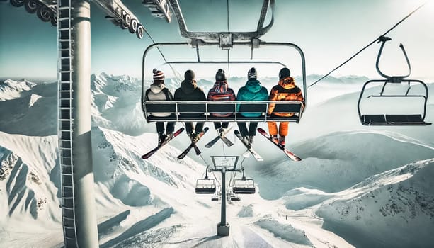 A group of four skiers is seated on a high-altitude chairlift, surrounded by breathtaking snow-covered mountains. Clear blue skies and distant peaks set the backdrop, creating a serene yet adventurous winter setting. Each skier is bundled in winter gear, ready for an exciting day on the slopes.
