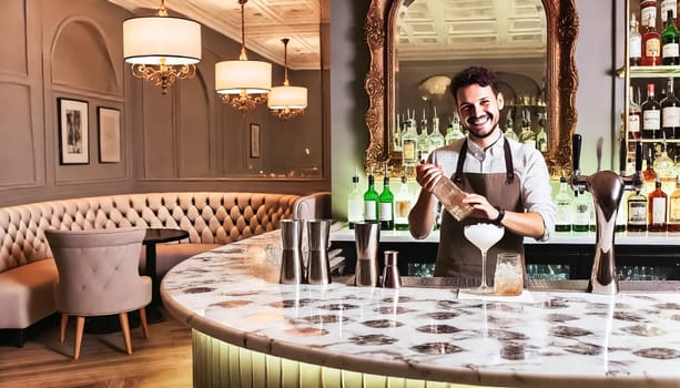 A welcoming bartender shakes a cocktail behind a beautifully designed bar with a marble countertop and tufted chairs. The bar features stylish lighting, well-stocked shelves, and a warm, inviting ambiance.