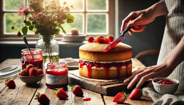 The images showcase a homemade Victoria sponge cake being dusted with powdered sugar. The cake features a luscious layer of strawberry jam and whipped cream between two golden sponges, with fresh strawberries and a jar of jam placed on the countertop. The setting is complemented by a rustic wooden chair and a soft-focus bouquet of flowers in the background.