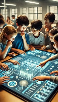 A close-up of students aged 10-11 collaborating on a project using an AI-powered interactive table. The image captures the students' focused expressions and hands as they work together, engaging with 3D models and visual data. The modern classroom setting in the background emphasizes teamwork and innovation.
