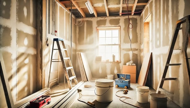 A spacious room under construction, featuring exposed ceiling ducts and electrical wiring. Drywall is nearly completed, with scattered wooden planks, buckets, and tools across the dusty floor. Sunlight streams through large windows, casting shadows on the unfinished walls. Ladders and drywall sheets lean against the walls, emphasizing the raw, industrial atmosphere of the ongoing renovation work.