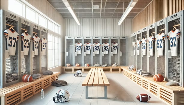 Bright and simple gym locker room for kids' American football team after a game, viewed from a distinct perspective. Light-colored metal lockers, wooden benches, light tile flooring, and neutral-toned walls. Scattered football gear, water bottles, and towels create a lively post-game atmosphere with camaraderie lingering.