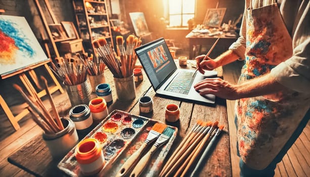 A painter in a sunlit studio mixes colors on a palette while referencing a laptop displaying digital artwork. The workspace is filled with brushes, paint supplies, and canvases, creating a fusion of modern technology and traditional craftsmanship.